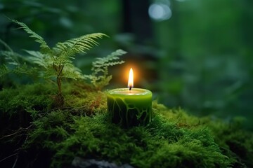 Fototapeta na wymiar Burning candle on moss, dark green blurred the natural background. Magic candle. 