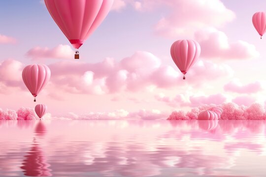 Bright pink ethereal cloudy landscape, hearts, roses, balloons, and wedding concept.