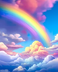 Stunning blue sky panoramic rainbow, big fluffy clouds with a giant arcing rainbow against a beautiful summertime blue sky with copy space for messages. 