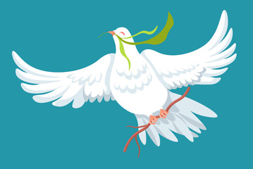Flying dove with branch and foliage in beak vector