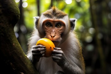 Close up of monkey eating fruit in the jungle.  - obrazy, fototapety, plakaty