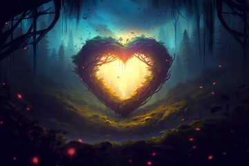 Colorful fantasy heart, light beam, green forest field. 