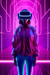 A young Asian woman is using a virtual reality headset. Neon light studio portrait. Concept of virtual reality, simulation, gaming, and future technology. 