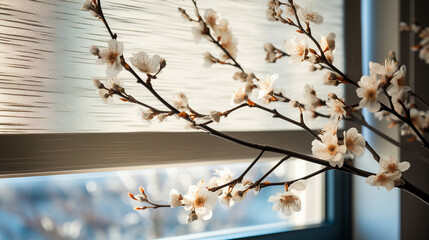 Timeless Elegance: A close-up shot of vintage-style roller blinds made of rich, textured fabric, elegantly cascading down a window 