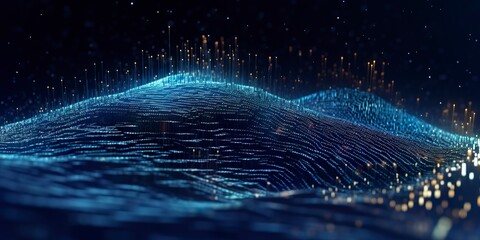Data technology futuristic illustration. Blue wave pattern on a dark background.  - obrazy, fototapety, plakaty