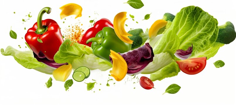 Falling vegetables, salad of bell pepper, tomato, and lettuce leaves. 