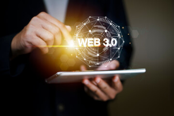Web 3.0 concept image with businessman hand show web 3.0 with globe. Technology global network, Blockchain Future Technology, Global Futuristic, website internet development, global business.