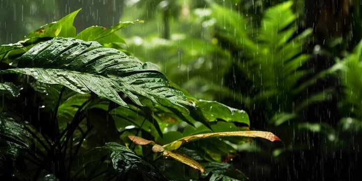 Rain falls in a rainforest with the rain drops. Generative AI