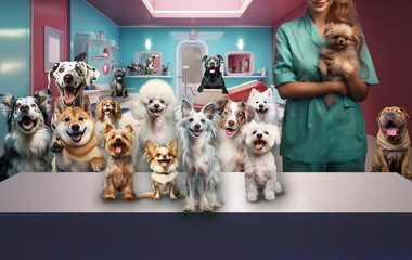 Group of dog gets hair cut at Pet Spa Grooming Salon. Young groomer holding Pomeranian dog in the salon full of other dogs,  haircut, comb the hair. Space for copy