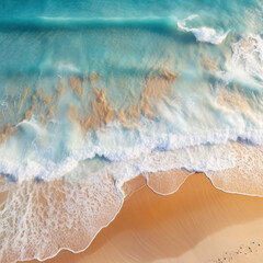 Fototapeta premium Sea water in sunny day. Top view from drone. Sea aerial view, Beautiful bright sea with waves splashing and beach sand concept