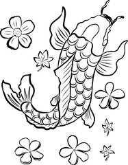 vector illustration of japanese koi fish tattoo style drawing.japan background.tattoo koi fish design.hand drawn outline koi fish and chinese doodle art.gold fish for wealthy and rich on red.