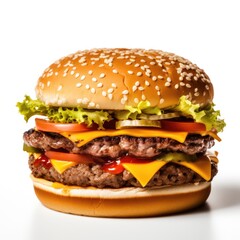 Cheeseburger on plain white background - product photography