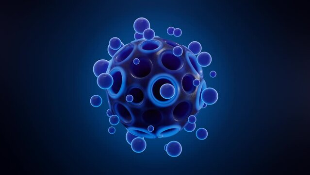 Futuristic, looping 3d animation of an abstract sphere with craters on the surface and lots of small balls moving side by side.  A fantastic object, a molecule from the macrocosm and microcosm