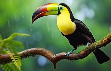 Chesnut mandibled Toucan sitting on the branch in tropical rain with a green jungle. 