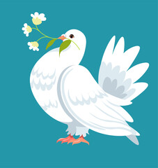 Dove carrying flower branch in beak, symbol peace