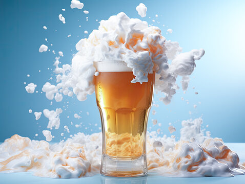 Beer with clean design, pastel colors, blue. Floating in the air, flat background, studio lighting, cloud design in the center of it.  - Powered by Adobe