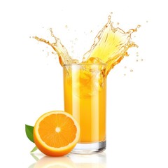 Glass of Orange Juice with a splash on a plain white ba - product photography