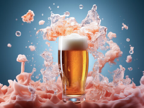 Beer with cloud design in the center of it, floating in the air, flat background, beautiful e-commerce photograph of clean design, pastel colors, blue, with studio lighting.  - Powered by Adobe