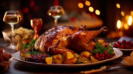 Juicy and tasty roast turkey on a plate with Christmas decorations. Roasted chicken with vegetables, Roast chicken party, all kinds of food, beer. AI Generative