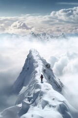 Man on top of mountain, walking through clouds