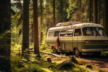 Image of a travel bus parked near a camping site in a forest. - Powered by Adobe