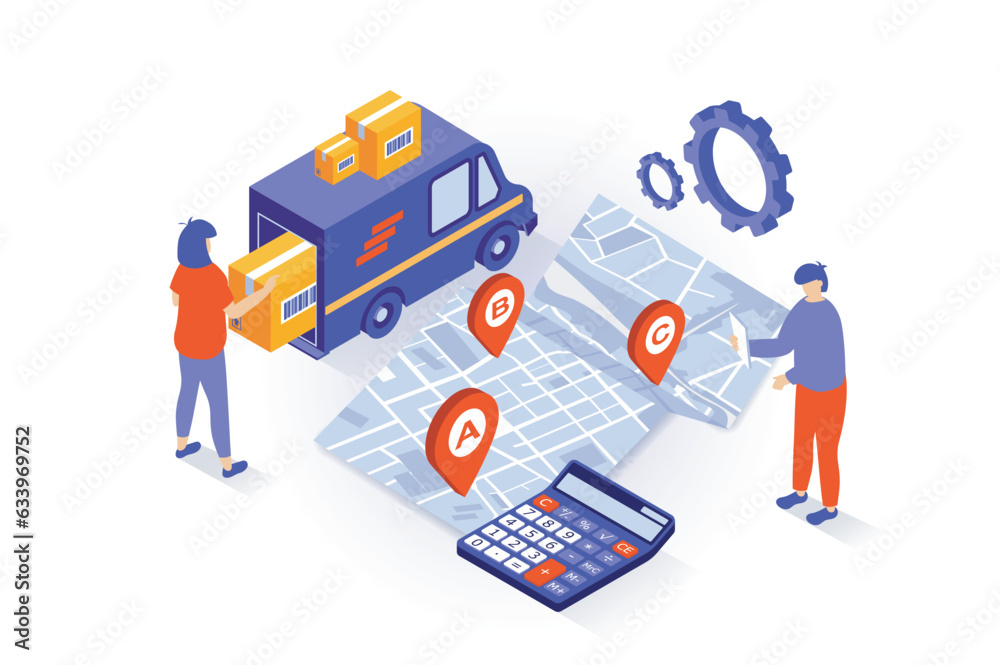 Aufkleber transportation and logistics concept in 3d isometric design. people loading packaging in truck, calc