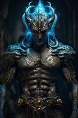 The god nemesis with blue eyes standing in front, dark bronze and light azure.