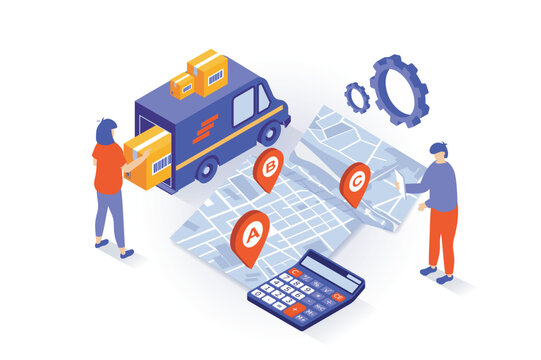 Transportation and logistics concept in 3d isometric design. People loading packaging in truck, calculating shipping price and waiting delivery. Vector illustration with isometry scene for web graphic