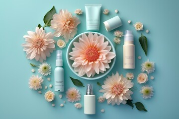 Fresh floral skincare concept. Top view flat lay of pump bottle, pipette, cream bottles, and tubes with flowers on pastel blue background with an empty circle for text or branding. 