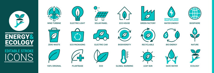 Ecology icon set. Ecology icon set, thin line flat design, Environment, sustainability, nature, recycle, renewable energy vector illustration