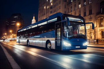 Night shot of a brightly lit tour bus traveling on a city street. - obrazy, fototapety, plakaty