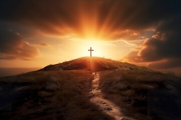 The cross of God in the rays of the sun. Cross on the hill. Religious concept.  - obrazy, fototapety, plakaty
