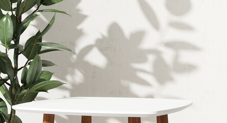 Minimal, modern, white rectangle pedestal side table podium, wooden leg, tree in sunlight, leaf...