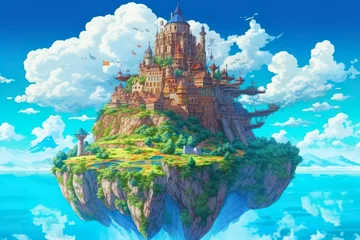 Rolgordijnen Ancient Heavenly Floating island in the sky with a castle, vibrant, fantasypunk, AI Generative © Image