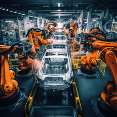 Car bodies are on assembly line. Factory for production of cars. Modern automotive industry.