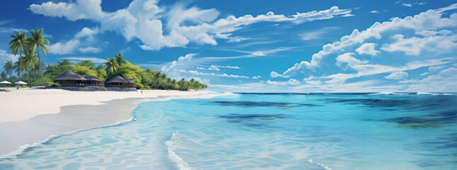 a tropical beach with cool water and palm trees, in the style of photo-realistic landscapes,...
