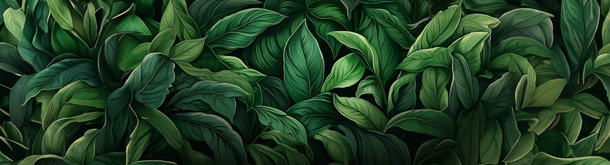 Fototapeta na wymiar Lush digital painting, Tropical leaves background, banner with green floral pattern