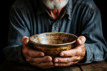 Fototapeta na wymiar Poverty personified old mans hands, empty bowl, wood backdrop symbolizing destitution Generative AI