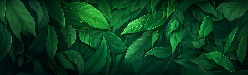 Lush digital painting, Tropical leaves background, banner with green floral pattern