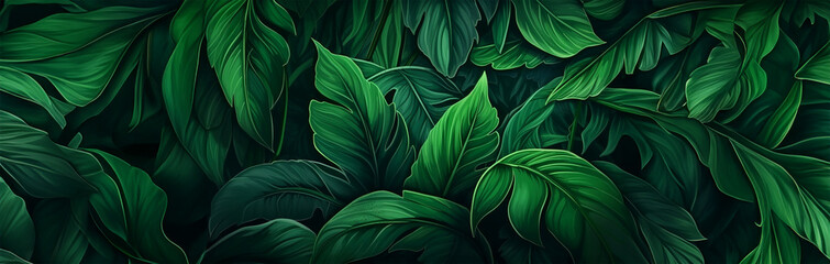 Lush digital painting, Tropical leaves background, banner with green floral pattern