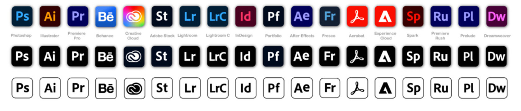 Adobe product. Logotype set of Adobe products: adobe, illustrator, photoshop, creative cloud, after effects, lightroom, fresco, Stock, acrobat, Editorial vector illustration 10 EPS