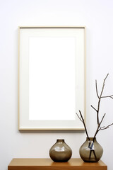 Vertical picture frame with passe-partout mockup in modern minimalistic interior, blank copyspace, light tones, poster mock-up. Generative AI