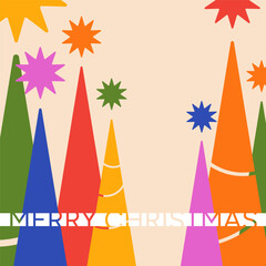 Merry Christmas card template. Holiday greeting poster design with inscription. Modern vector illustration of Christmas trees for print, social media designs