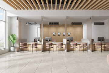 White and wooden bank interior with teller counters - obrazy, fototapety, plakaty