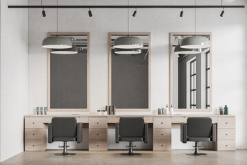 White barber shop interior with barber chairs and mirrors
