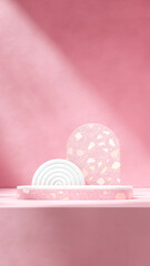 3d image render empty space white curved podium in portrait terrazzo pink color arch backdrop