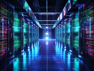 A shot of a high-tech server room with rows of flashing lights indicating data processing.
