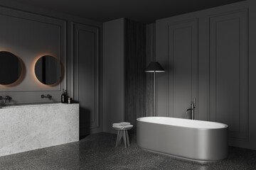 Fototapeta na wymiar Modern bathroom interior with bathtub, double sink and mirror with decoration