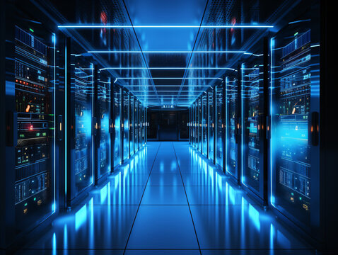 A shot of a high-tech server room with rows of flashing lights indicating data processing.