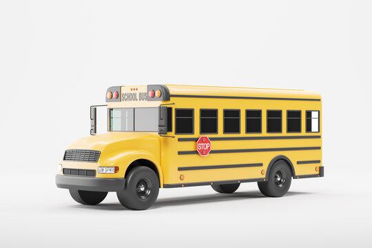 Classic school bus with stop sign on white background, copy space